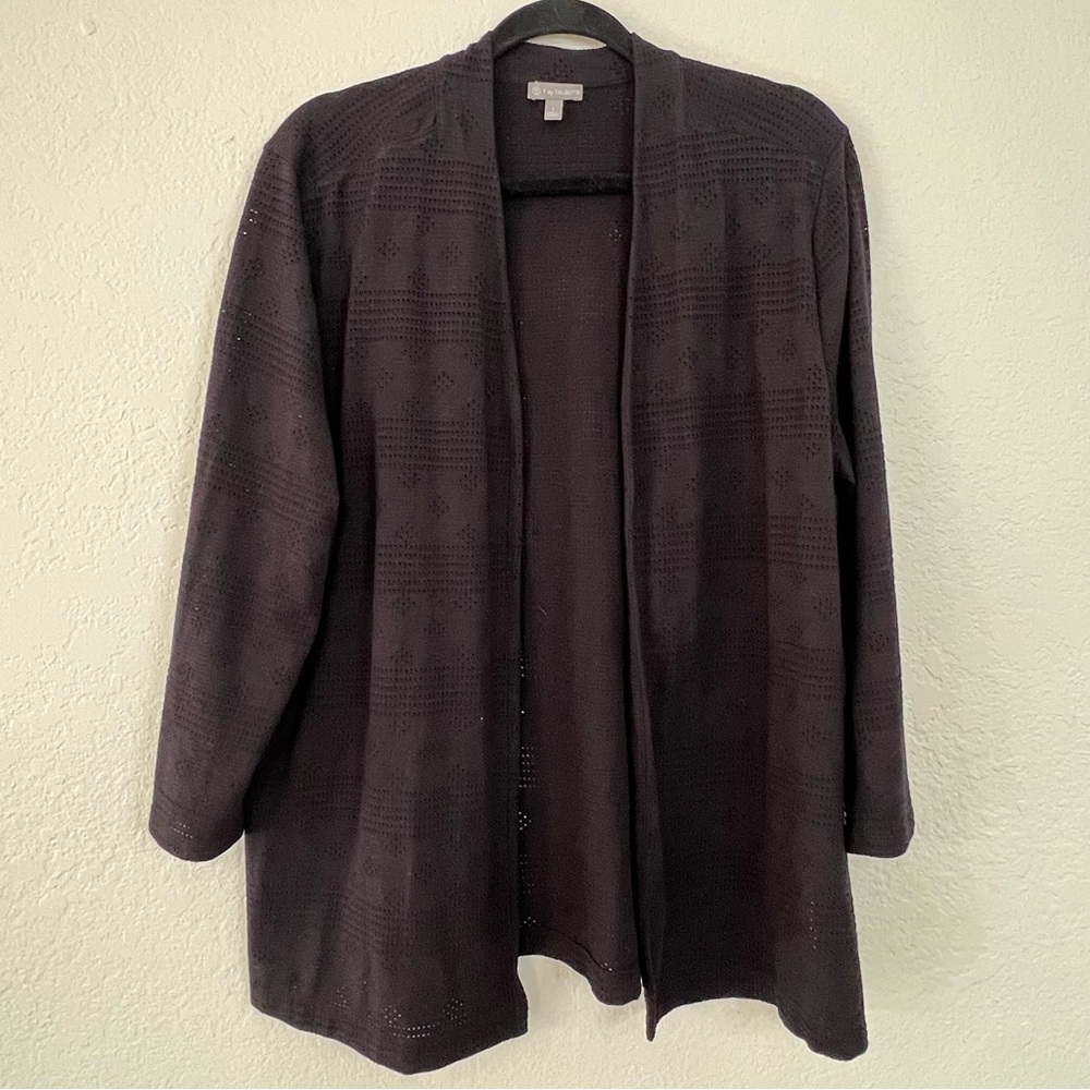 T By Talbots Black Lightweight Open Cardigan Laser Cut Lace‎ Cotton - Size Large